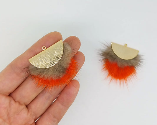 Double Fur Fan, 40mm Brown & Orange, Natural Genuine Mink PomPom Tassel, ECT0038