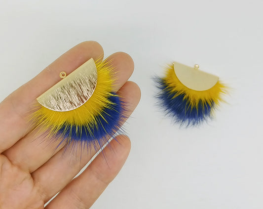 Double pompon fourrure, 40mm Jaune & Royal, Gland en véritable vison naturel, ECT0038