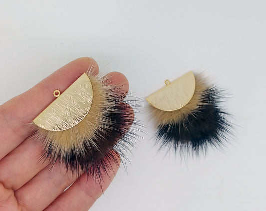 Double Fur Fan, 40mm Beige & Brown, Natural Genuine Mink PomPom Tassel, ECT0038