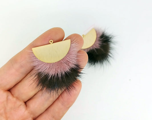 Double Fur Fan, 40mm Indiepink & Brown, Natural Genuine Mink PomPom Tassel, ECT0038