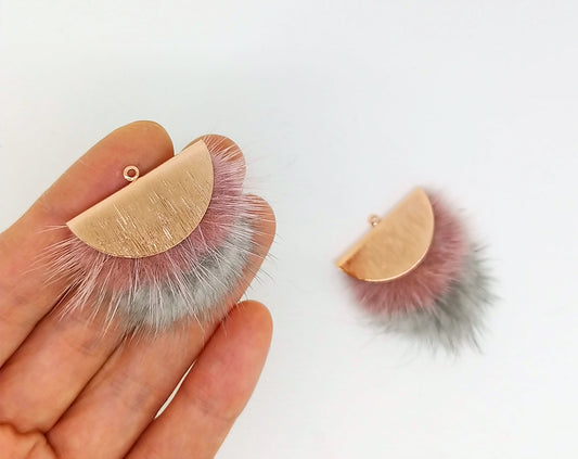 Double Fur Fan, 40mm Indiepink & Gray, Natural Genuine Mink PomPom Tassel, ECT0038