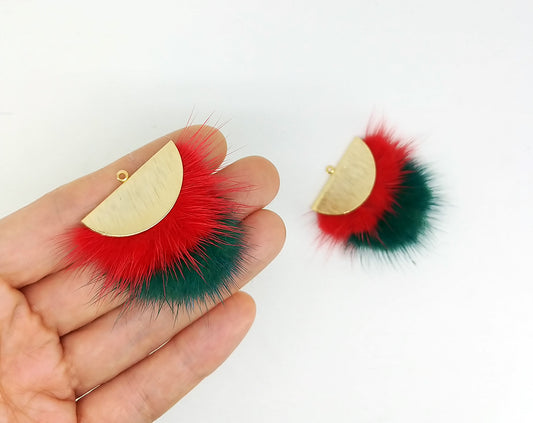 Double Fur Fan, 40mm Red & Teal, Natural Genuine Mink PomPom Tassel, ECT0038