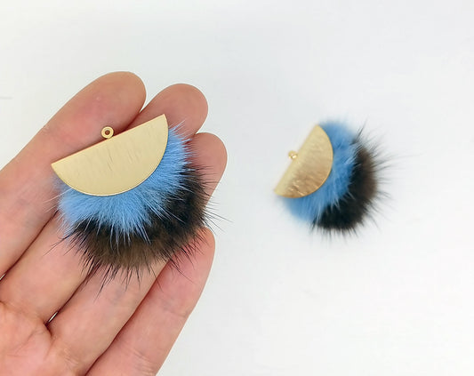 Double Fur Fan, 40mm Sky & Brown, Natural Genuine Mink PomPom Tassel, ECT0038