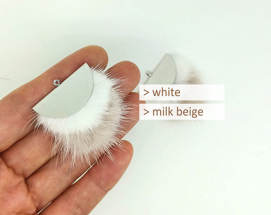 Double Fur Fan, 40mm White & Milkbeige, Natural Genuine Mink PomPom Tassel, ECT0038