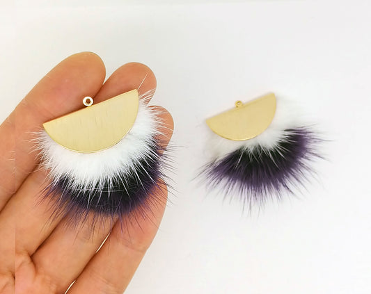 Double Fur Fan, 40mm White & Purple, Natural Genuine Mink PomPom Tassel, ECT0038