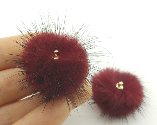 (top ring) Burgundy, 30mm Mink Fur Ball, ECT0009R