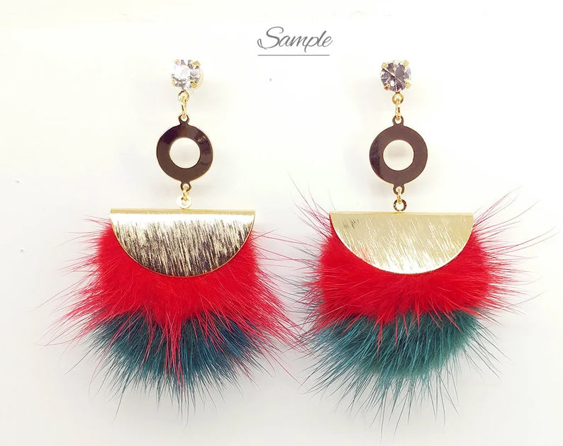 Double Fur Fan, 40mm Brown & Orange, Natural Genuine Mink PomPom Tassel, ECT0038