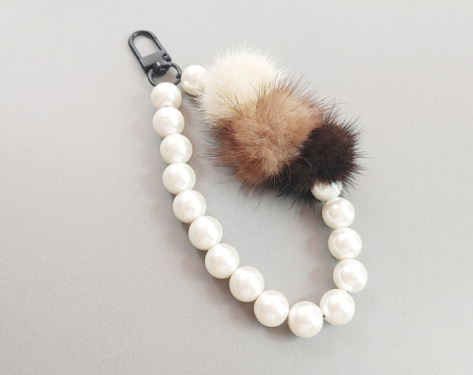 1 PC - Beige Brown Choco, 22mm Fur & Pearl Ball Keychain, EK0012