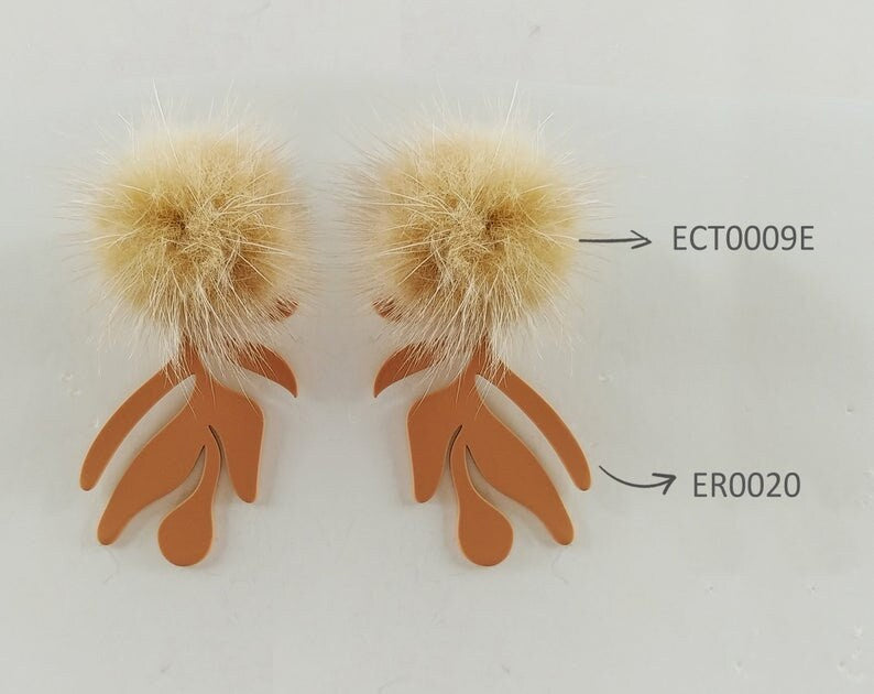 (brass stud) Orange Green, 30mm Natural Genuine Mink PomPom Post, ECT0009E