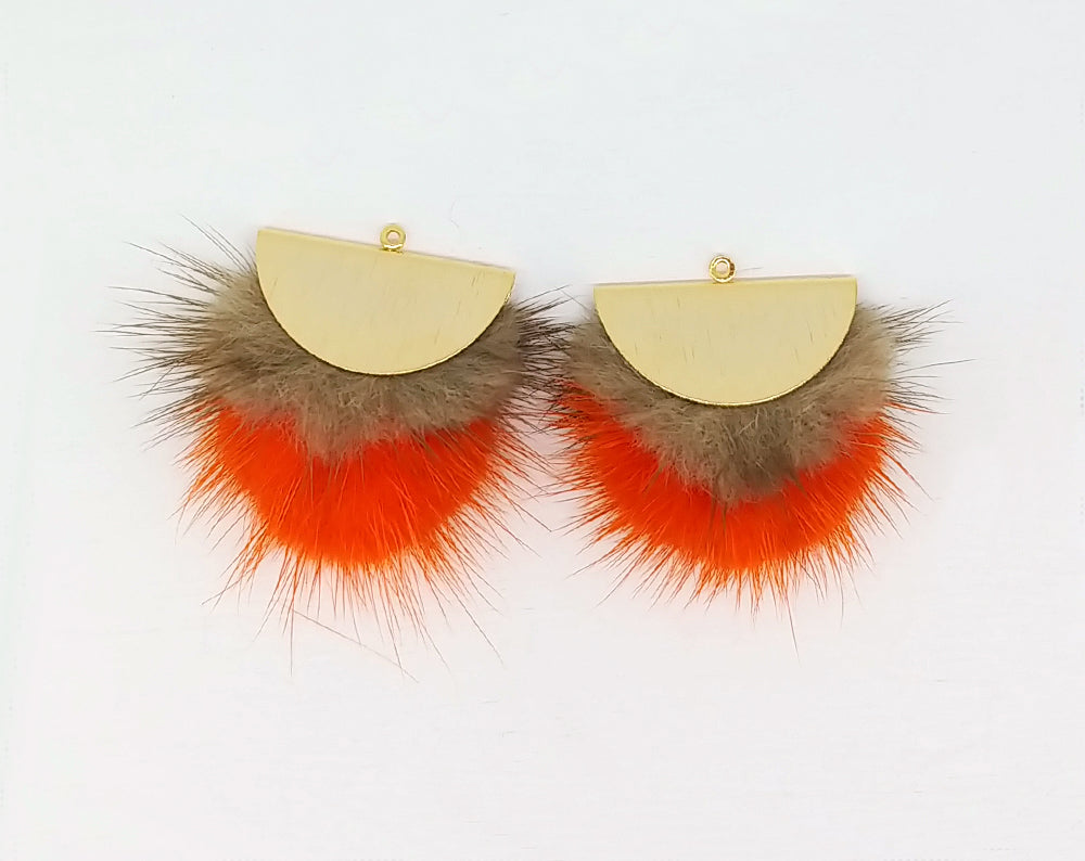 Double Fur Fan, 40mm Brown & Orange, Natural Genuine Mink PomPom Tassel, ECT0038