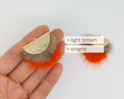Double Fur Fan, 40mm Brown & Orange, Natural Genuine Mink PomPom Tassel, ECT0038