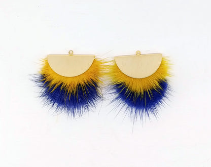 Double Fur Fan, 40mm Yellow & Royal, Natural Genuine Mink PomPom Tassel, ECT0038