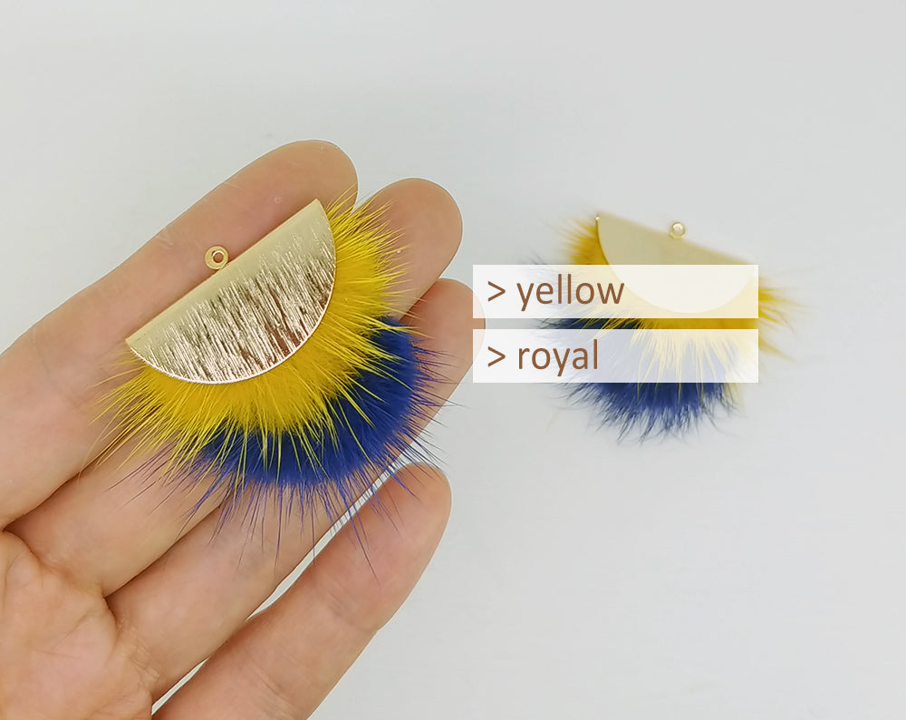 Double Fur Fan, 40mm Yellow & Royal blue, Natural Genuine Mink PomPom Tassel, ECT0038