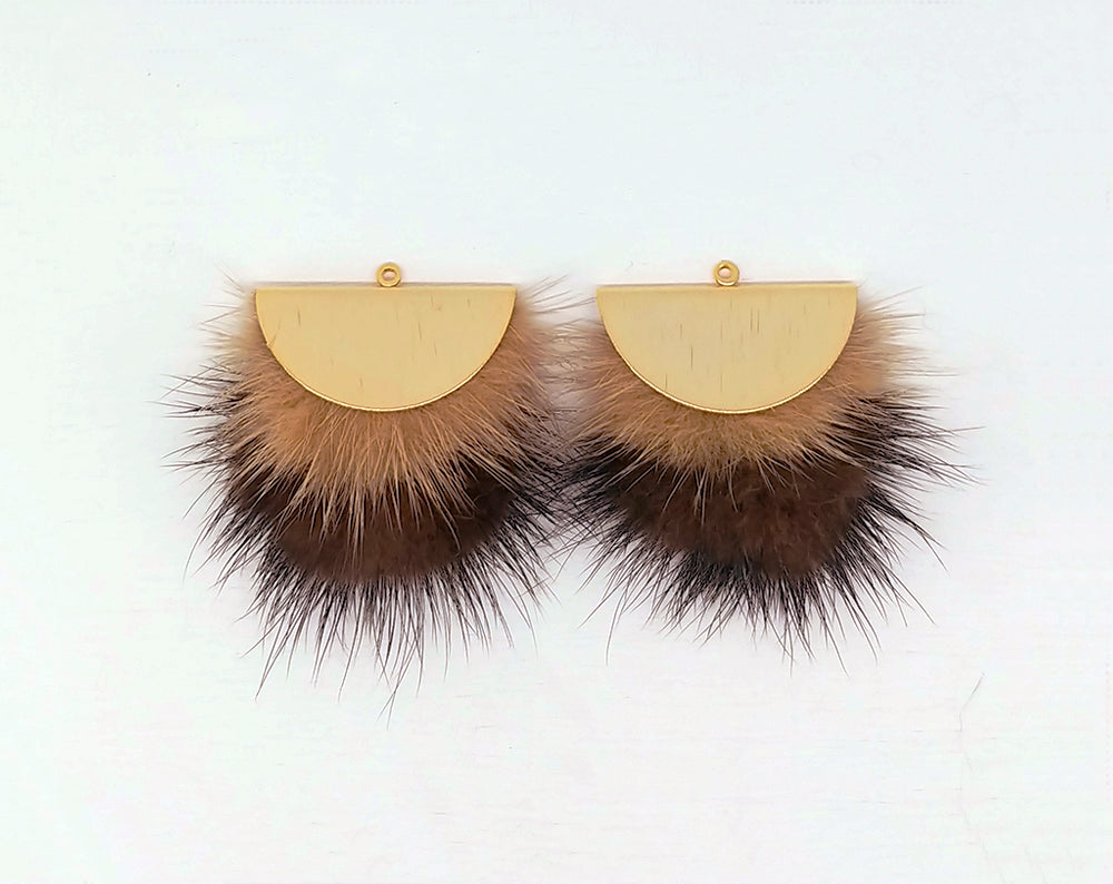 Double Fur Fan, 40mm Beige & Brown, Natural Genuine Mink PomPom Tassel, ECT0038