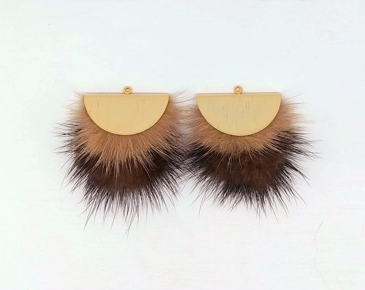 Double Fur Fan, 40mm Beige & Brown, Natural Genuine Mink PomPom Tassel, ECT0038