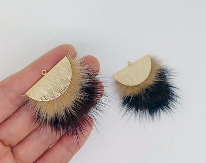 Double Fur Fan, 40mm Beige & Brown, Natural Genuine Mink PomPom Tassel, ECT0038