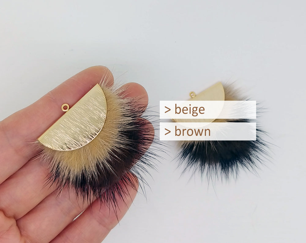 Double Fur Fan, 40mm Beige & Brown, Natural Genuine Mink PomPom Tassel, ECT0038
