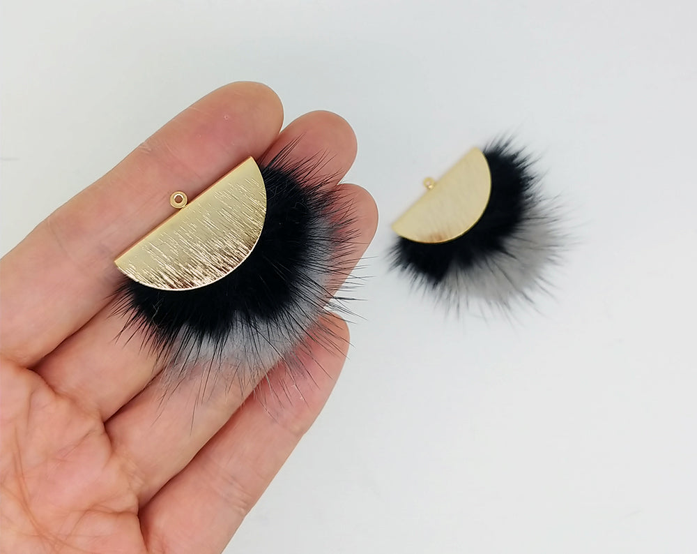 Double Fur Fan, 40mm Black & Gray, Natural Genuine Mink PomPom Tassel, ECT0038