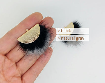 Double Fur Fan, 40mm Black & Gray, Natural Genuine Mink PomPom Tassel, ECT0038