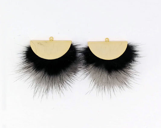 Double Fur Fan, 40mm Black & Gray, Natural Genuine Mink PomPom Tassel, ECT0038
