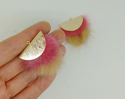 Double Fur Fan, 40mm Coral & Beige, Natural Genuine Mink PomPom Tassel, ECT0038