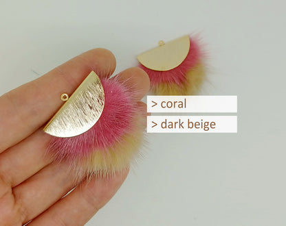 Double Fur Fan, 40mm Coral & Beige, Natural Genuine Mink PomPom Tassel, ECT0038
