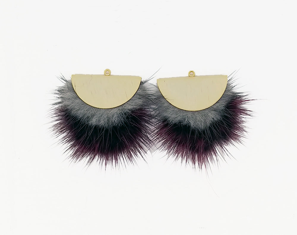 Double Fur Fan, 40mm Gray & Burgundy, Natural Genuine Mink PomPom Tassel, ECT0038