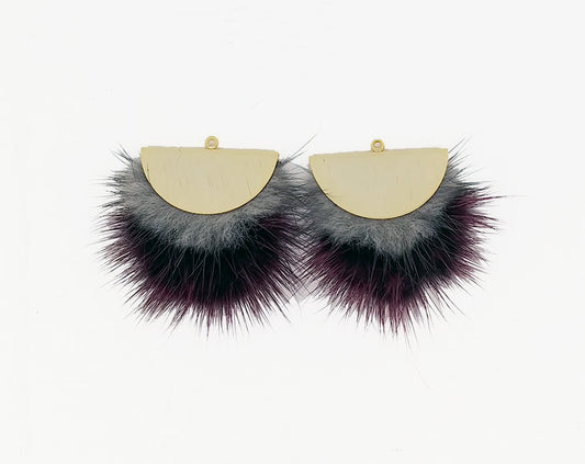 Double Fur Fan, 40mm Gray & Burgundy, Natural Genuine Mink PomPom Tassel, ECT0038