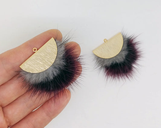 Double Fur Fan, 40mm Gray & Burgundy, Natural Genuine Mink PomPom Tassel, ECT0038