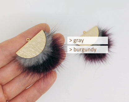 Double Fur Fan, 40mm Gray & Burgundy, Natural Genuine Mink PomPom Tassel, ECT0038