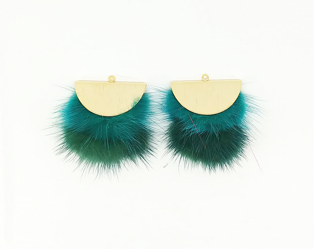 Double Fur Fan, 40mm Green & Teal, Natural Genuine Mink PomPom Tassel, ECT0038