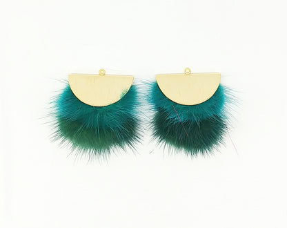 Double Fur Fan, 40mm Green & Teal, Natural Genuine Mink PomPom Tassel, ECT0038