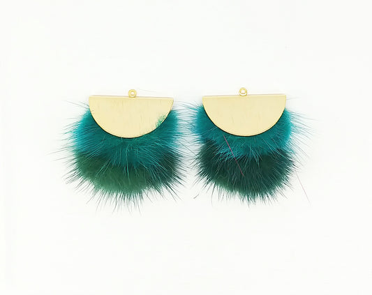 Double Fur Fan, 40mm Green & Teal, Natural Genuine Mink PomPom Tassel, ECT0038