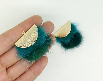 Double Fur Fan, 40mm Green & Teal, Natural Genuine Mink PomPom Tassel, ECT0038