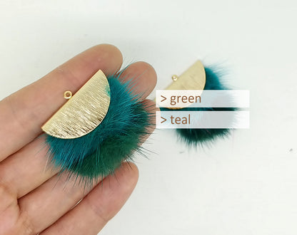 Double Fur Fan, 40mm Green & Teal, Natural Genuine Mink PomPom Tassel, ECT0038