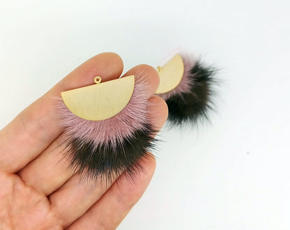 Double Fur Fan, 40mm Indiepink & Brown, Natural Genuine Mink PomPom Tassel, ECT0038