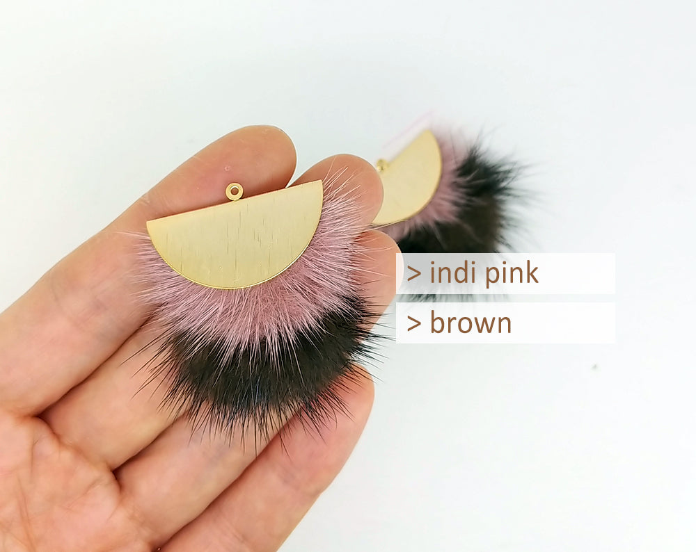 Double Fur Fan, 40mm Indiepink & Brown, Natural Genuine Mink PomPom Tassel, ECT0038