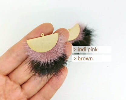 Double Fur Fan, 40mm Indiepink & Brown, Natural Genuine Mink PomPom Tassel, ECT0038