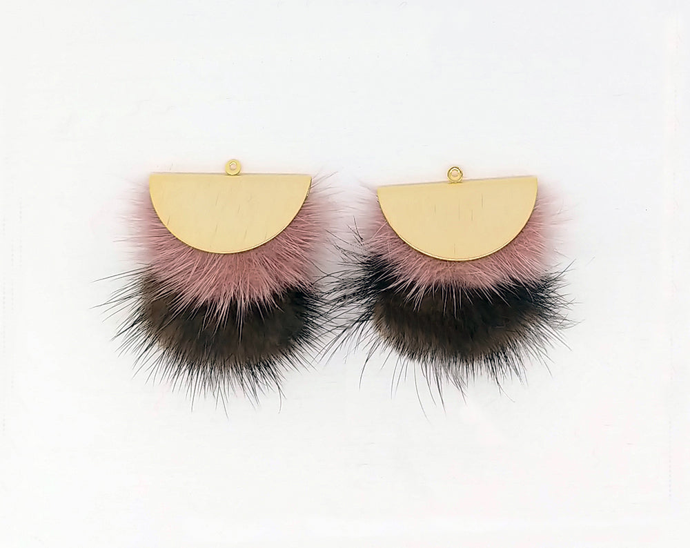 Double Fur Fan, 40mm Indiepink & Brown, Natural Genuine Mink PomPom Tassel, ECT0038