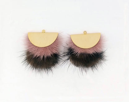 Double Fur Fan, 40mm Indiepink & Brown, Natural Genuine Mink PomPom Tassel, ECT0038