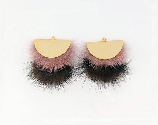Double Fur Fan, 40mm Indiepink & Brown, Natural Genuine Mink PomPom Tassel, ECT0038