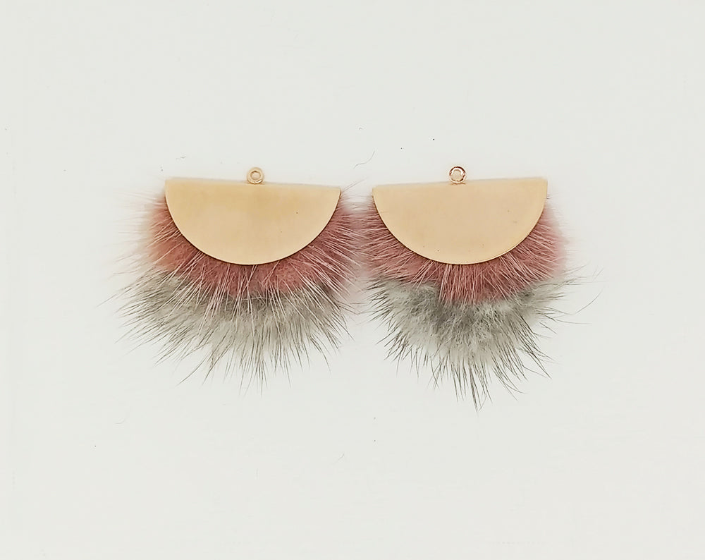 Double Fur Fan, 40mm Indiepink & Gray, Natural Genuine Mink PomPom Tassel, ECT0038