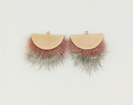 Double Fur Fan, 40mm Indiepink & Gray, Natural Genuine Mink PomPom Tassel, ECT0038