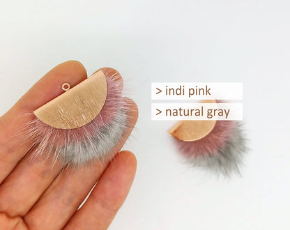 Double Fur Fan, 40mm Indiepink & Gray, Natural Genuine Mink PomPom Tassel, ECT0038