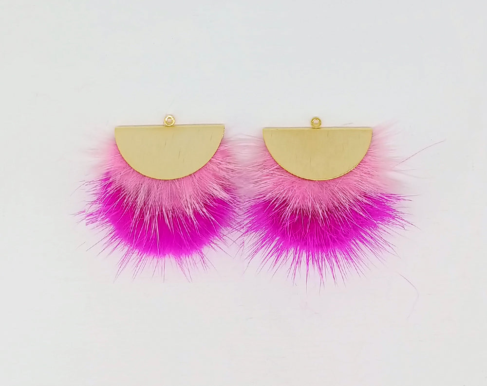 Double Fur Fan, 40mm Pink & Ruby, Natural Genuine Mink PomPom Tassel, ECT0038