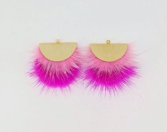 Double Fur Fan, 40mm Pink & Ruby, Natural Genuine Mink PomPom Tassel, ECT0038