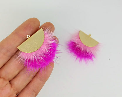 Double Fur Fan, 40mm Pink & Ruby, Natural Genuine Mink PomPom Tassel, ECT0038