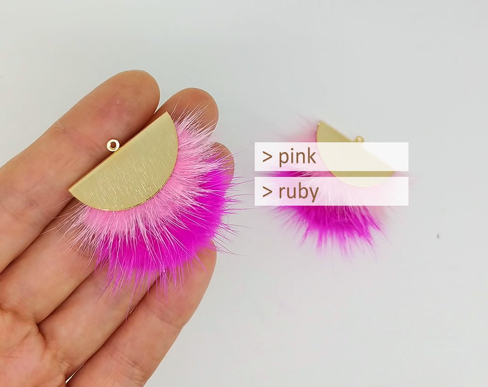Double Fur Fan, 40mm Pink & Ruby, Natural Genuine Mink PomPom Tassel, ECT0038