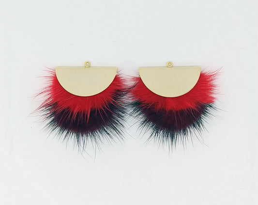 Double Fur Fan, 40mm Red & Burgundy, Natural Genuine Mink PomPom Tassel, ECT0038