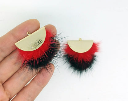 Double Fur Fan, 40mm Red & Burgundy, Natural Genuine Mink PomPom Tassel, ECT0038